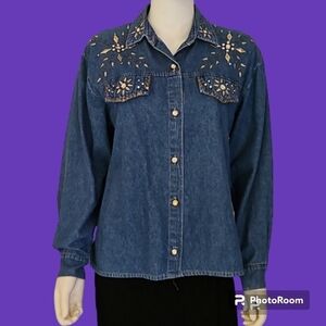 TRUE Vintage 1980s Bedazzled Denim Chambray Western Cowgirl Shirt